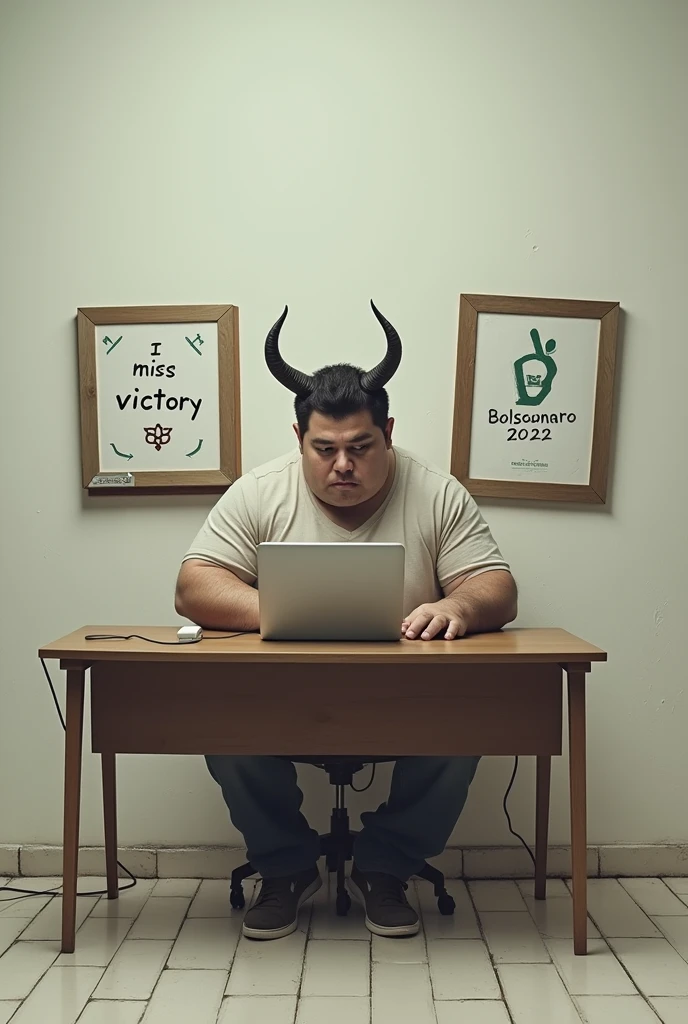 A fat young man with horns on his head playing on the computer, It looks like a board with the words “I miss victory” and next to it a board with the words “Bolsonaro 2022”