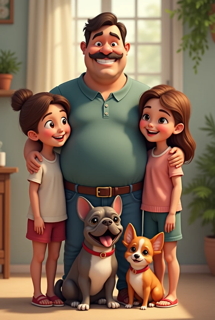 Create a Father&#39;s Day image, WITH A WHITE MAN, fat and with a mustache, a white French bulldog, a brown long haired chihuahua and two white girls with brown hair 