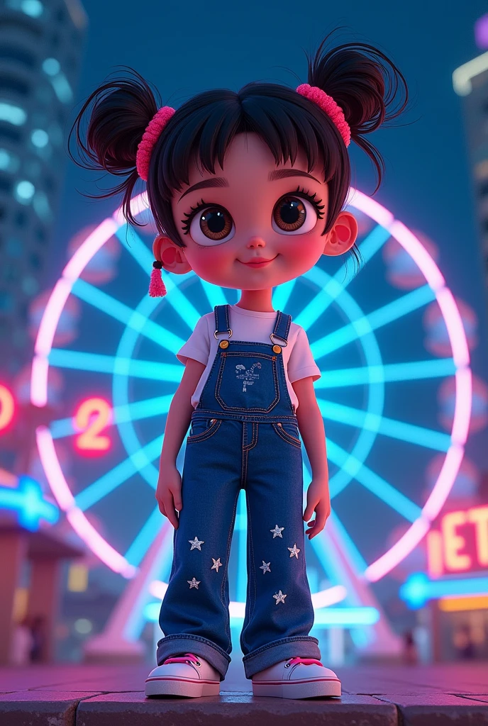 In a cartoon avatar set against the backdrop of a modern urban nightscape, a  girl (or denim spirit) with big eyes and a sweet smile wears a uniquely designed pair of "Zhou Xiaomo JEANS." This denim is styled as a high-waisted straight-leg pair, adorned with tiny star patterns and a subtle shimmering material that gleams radiantly under the nocturnal light. The littles (or spirit's) hairdo is fashionable and avant-garde, paired with a simple T-shirt and sneakers, embodying a seamless blend of modernity and dreaminess. In the background, a Ferris wheel slowly rotates, and neon lights flicker, creating a stark yet harmonious contrast with the denim worn by the little girl irit), collectively composing a mesmerizing imagery that intertwines dreams with modernity.