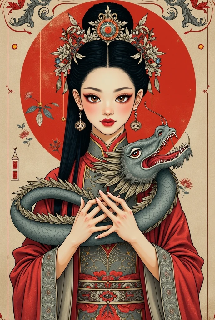 vintage poster of a Chinese woman with a dragon in her arms, in the style of Brian M. viveros, multi-layered compositions, takayuki takeya, uhd image, red and gray, intricate patterns and details,