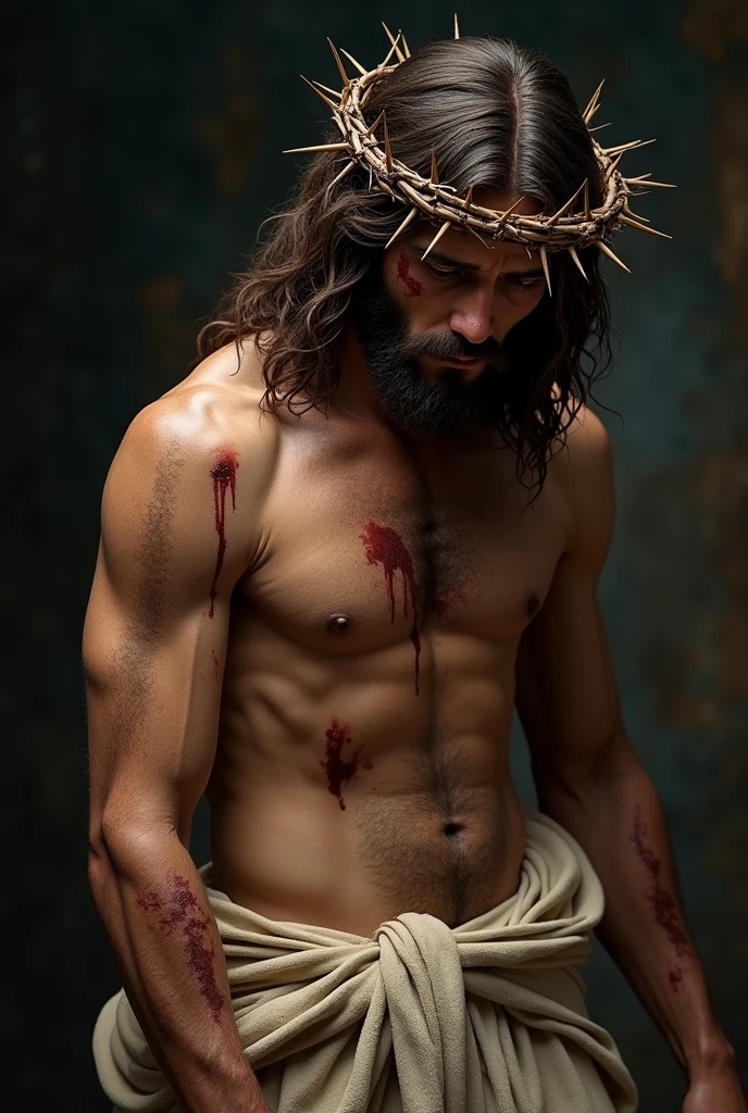 (work of art)(super verbose)(4k supreme image quality)(ultra realisitic)(fot)
  "prompt": "A highly realistic and emotionally evocative depiction of Jesus Christ during the Passion, shortly before the crucifixion. He is standing, but with difficulty, after having endured severe scourge. Your body is wounded, with deep and visible wounds from the lashes on his back, arms and legs. Your face is marked by sweat, blood and a deep expression of pain and sadness. Their eyes, although full of agony, convey a feeling of compassion and love. The crown of thorns rests heavily on his head, with thorns piercing your skin, making the blood run down the forehead. The background is dark and gloomy, emphasizing the gravity of the moment. The general atmosphere is one of immense suffering, but also of divine strength and endurance."
}