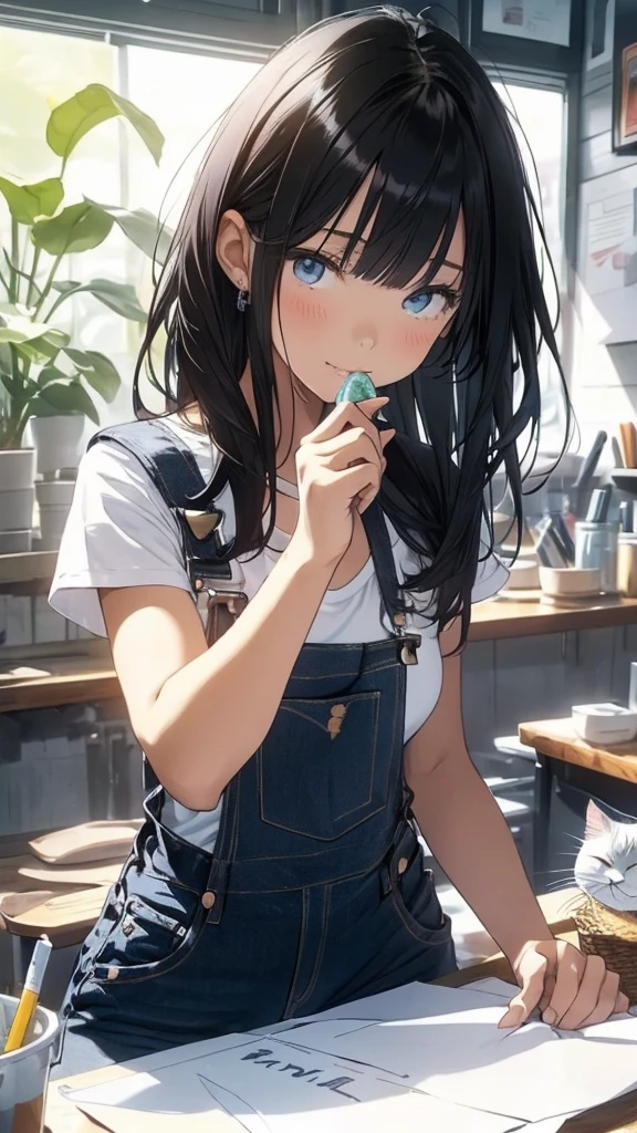 ((How to cut paper)), One girl and one cat, Black medium hair, Straight hair, White T-shirt, Denim overalls, ice cream, sunlight, portfolio, From above