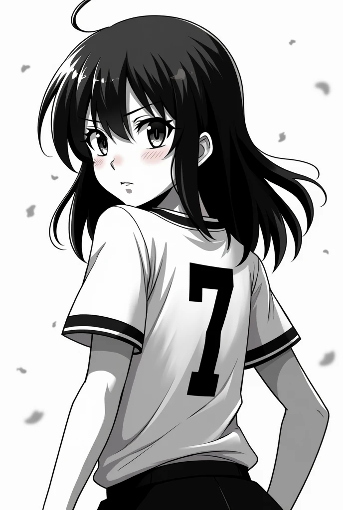 A kind of cartoon comic with me on it as an anime figure in black and white. I have the jersey number 7, brown medium-long hair and a fringe, slightly longer hair and more serious so that it looks like an anime main character, as serious you can make it look serious so that I look evil as if I really want to win the game and the best way to see my back and I look back to the "camera"