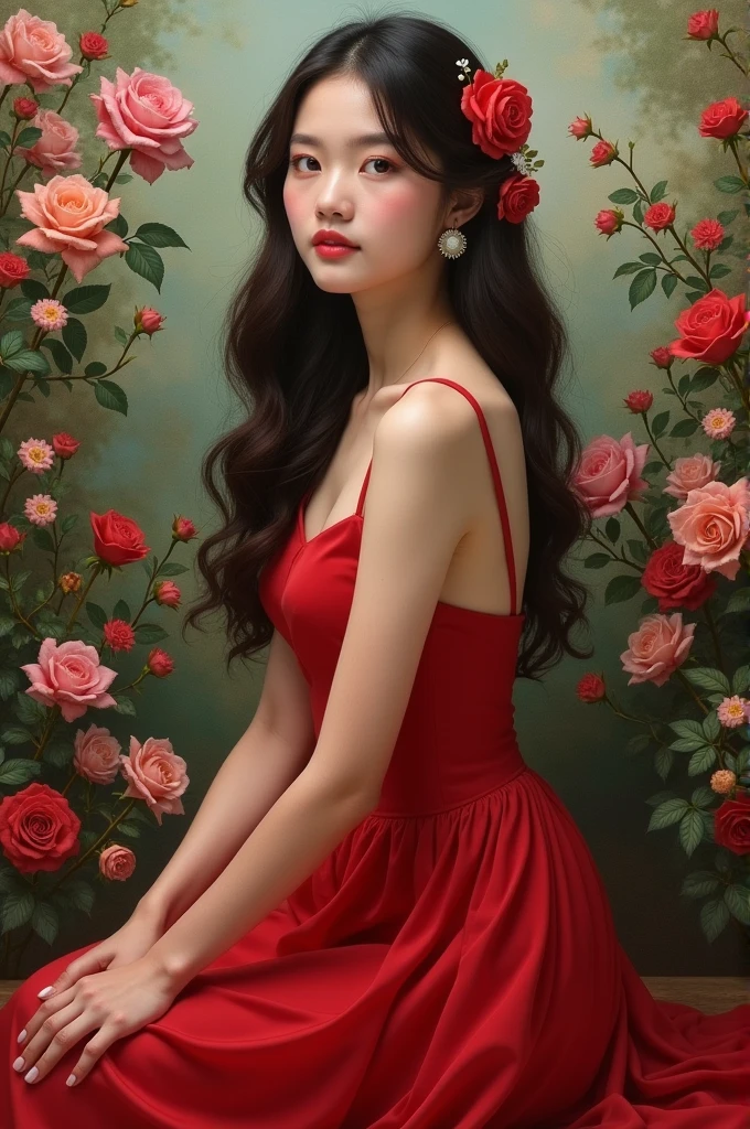 Realistic fhoto of an asian girl with long curly hair, a rose tucked into her ear, wearing a loxurious red dress modest elegant dress, sitting model pose, attractive Background of a flower garden, full body, canvas, oil painting