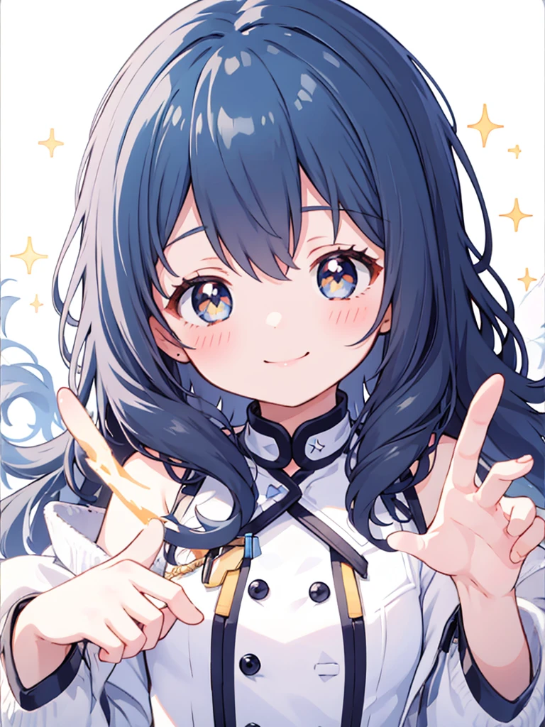 masterpiece, best quality, 1girl, solo, bangs, white background, blush, smile, sparkle, dynamic pose,