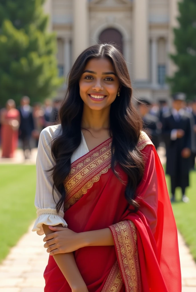 Indian girl with white blouse red saree and a graduation day court