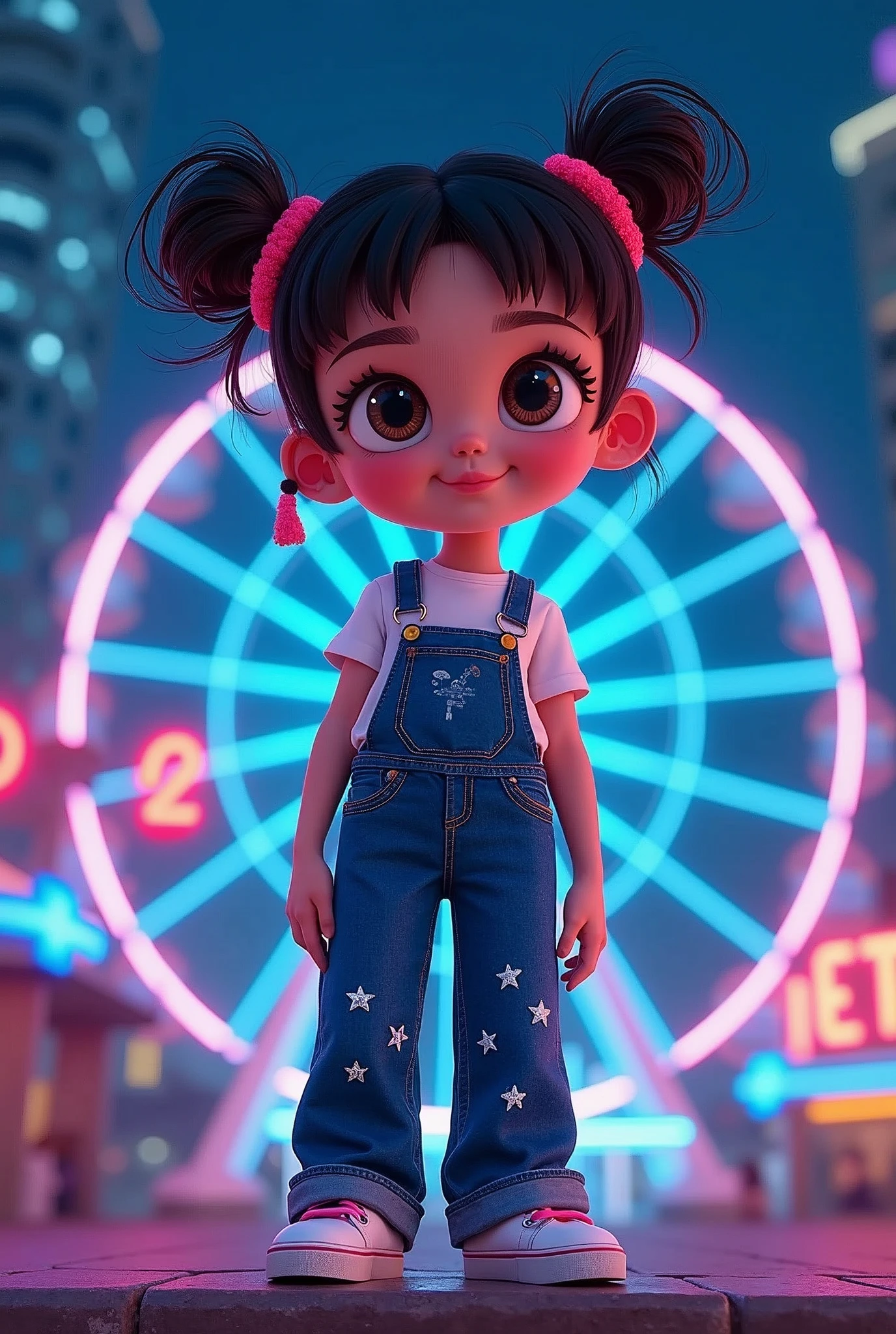 In a cartoon avatar set against the backdrop of a modern urban nightscape, a (or denim spirit) with big eyes and a sweet smile wears a uniquely designed pair of "Zhou Xiaomo JEANS." This denim is styled as a high-waisted straight-leg pair, adorned with tiny star patterns and a subtle shimmering material that gleams radiantly under the nocturnal light. The little girlit's) hairdo is fashionable and avant-garde, paired with a simple T-shirt and sneakers, embodying a seamless blend of modernity and dreaminess. In the background, a Ferris wheel slowly rotates, and neon lights flicker, creating a stark yet harmonious contrast with the denim worn by the little girl (or spiritvely composing a mesmerizing imagery that intertwines dreams with modernity.