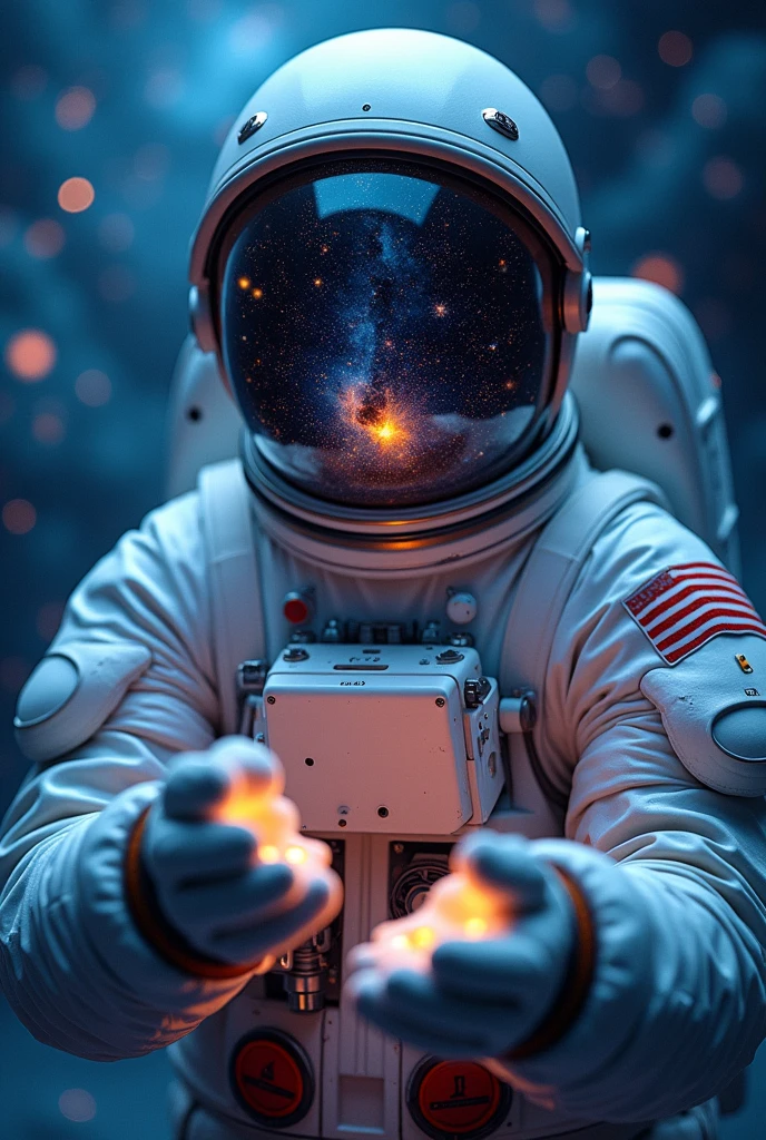 (Cosmic surrealism:1.5) photo of an astronaut, with a reflective helmet showing a dreamlike galaxy, intricate suit details, reaching out with gloved hands, upper body framing, against a swirling starry background, ethereal lighting with glowing particles, shot straight on, on a Canon EOS R5 with a 24-70mm f/2.8 lens, (HDR effect:1.3), (light bloom:1.2), in the style of (Alex Grey:1.2) and (Yayoi Kusama:1.3)