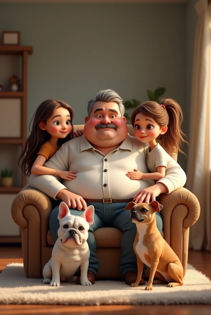 Create a Father's Day image, WITH A WHITE MAN, fat and with a mustache, a white furred french bulldog, a brown-haired chihuahua and two white girls with brown hair