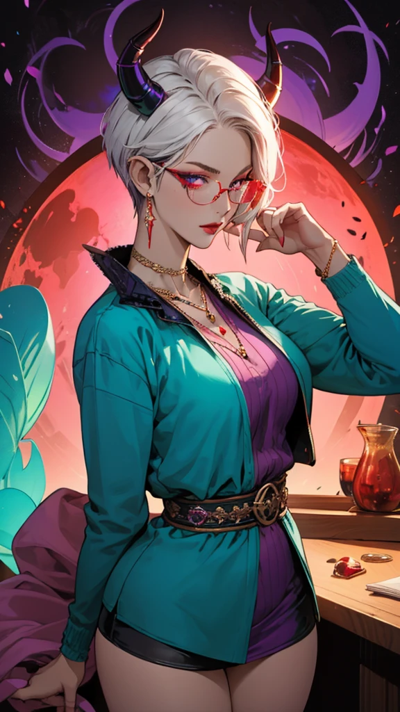 8k, masterpiece, best quality, highly detailed, 1 girl, tiefling, warlock, pixie cut, multicolored hair, very short straight hair red highlight hair on white hair, strippled hair, wearing glasses, round glasses, earrings, navel piercing, red eyeshadow, long eyelashes, blushed cheek, red lips, pearl necklace, rings, collarbone, mole on face, glamorous, teal and purple clothes, miniskirt, smirk, close up view, rings, looking at viewer, demon horns, solo, blood red moon, standing, royal dress, chains