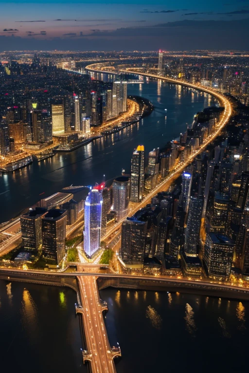 City、skyscraper、night景、night、0hour、High resolution、4K resolution、The river flows、The largest landmark building is on the far right.