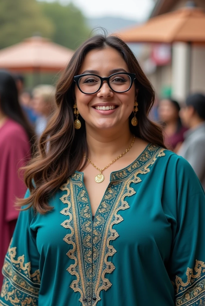 A 24 years old american woman with a medium-sized, full figured body shape, ivory white round-shaped face,
Background: She attends a cultural festival in Córdoba, Argentina's second-largest city, known for its rich history and vibrant arts scene. The festival is a celebration of Argentine culture, with traditional dances, music, and food stalls filling the streets. The air is filled with the scent of grilled meats, and the sound of drums and guitars.Description: She wears a fitted teal kurti with intricate patterns, her sagging breasts modestly outlined. Her face is alive with excitement as she watches a traditional dance performance, clapping along with the rhythm. When she tastes a local delicacy, her expression turns to one of pleasant surprise, her eyes widening and a smile spreading across her lips. The joy of the festival is reflected in her radiant smile and lively expressions.
wearing browline eyeglasses."Tisca chopra's ivory whice colour face
