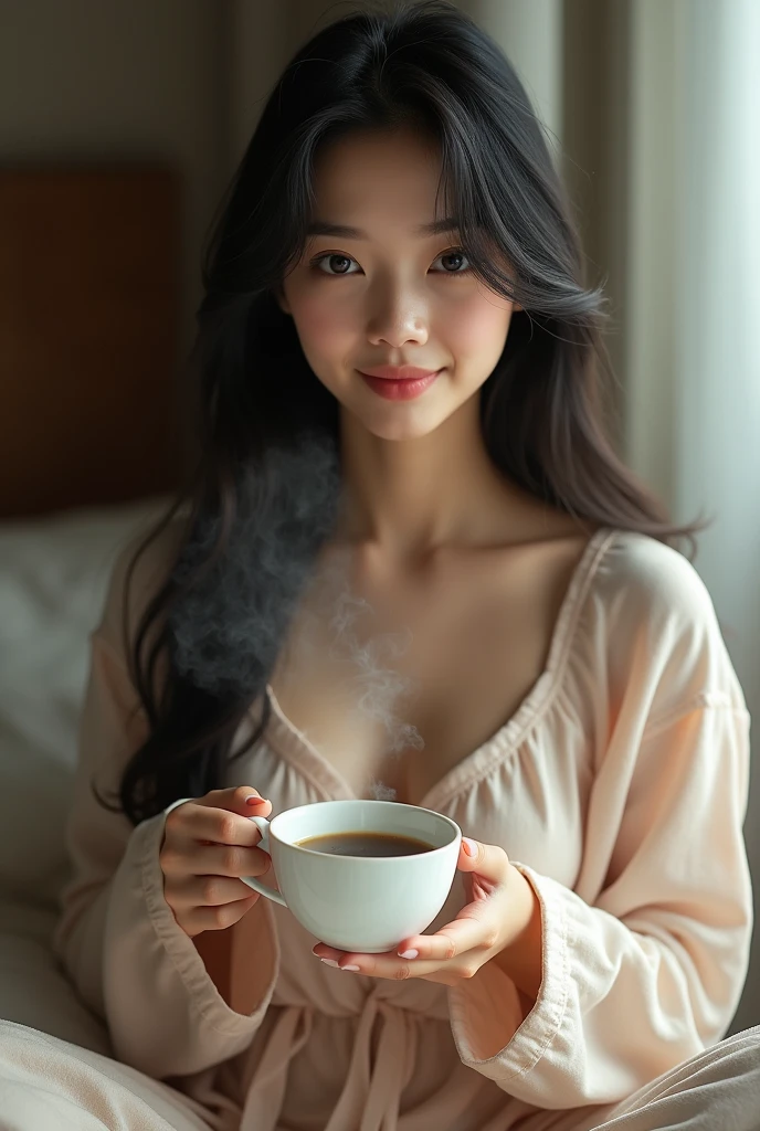 A beautiful Japanese woman in her early 20s with long hair and a sleepy expression in pajamas、Her pajamas are a little open、is holding a coffee cup and drinking a latte、Holding the camera for a selfie、
