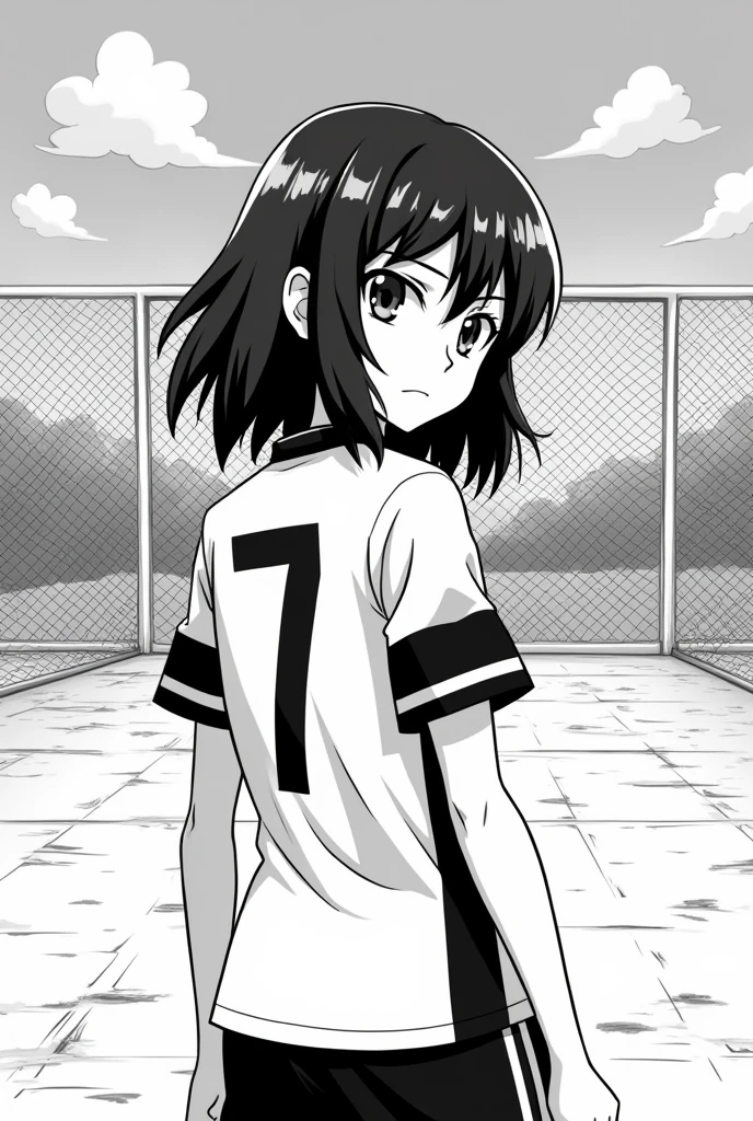 A kind of cartoon comic with me on it as an anime figure in black and white. I have the jersey number 7, brown medium long hair and a fringe, slightly longer hair and more serious so that it looks like an anime main character, as serious you can make her look serious so that I look evil as if I really want to win the game and the best way to see my back and I look back to the &quot;camera&quot; not like a girl, let me look like maki from jujutsu kaisen. Seriously please