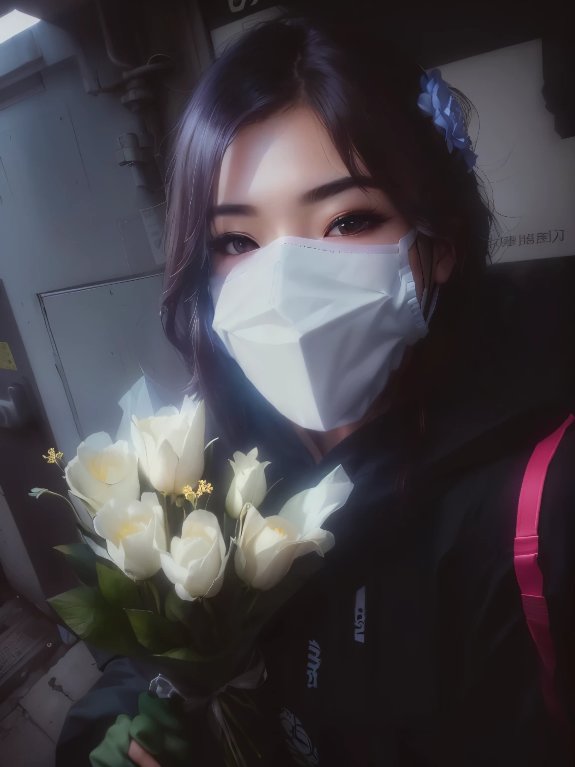 there is a beautiful gorgeous woman wearing a mask and holding a bouquet of flowers, wearing a botanical gas mask, with flowers, flower mask, wearing mask, ultra quality photo, inspired by Leng Mei, wearing transparent glass mask, holding magic flowers, wearing a hoodie and flowers, in an alleyway during the purge, facemask made of flowers, surgical mask covering mouth