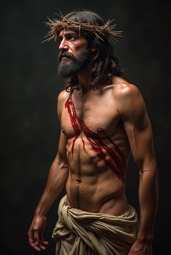 (work of art)(super verbose)(4k supreme image quality)(ultra realisitic)(fot)
  "prompt": "A highly realistic and emotionally evocative depiction of Jesus Christ during the Passion, shortly before the crucifixion. He is standing, but with difficulty, after having endured severe scourge. Your body is wounded, with deep and visible wounds from the lashes on his back, arms and legs. Your face is marked by sweat, blood and a deep expression of pain and sadness. Their eyes, although full of agony, convey a feeling of compassion and love. The crown of thorns rests heavily on his head, with thorns piercing your skin, making the blood run down the forehead. The background is dark and gloomy, emphasizing the gravity of the moment. The general atmosphere is one of immense suffering, but also of divine strength and endurance."
}