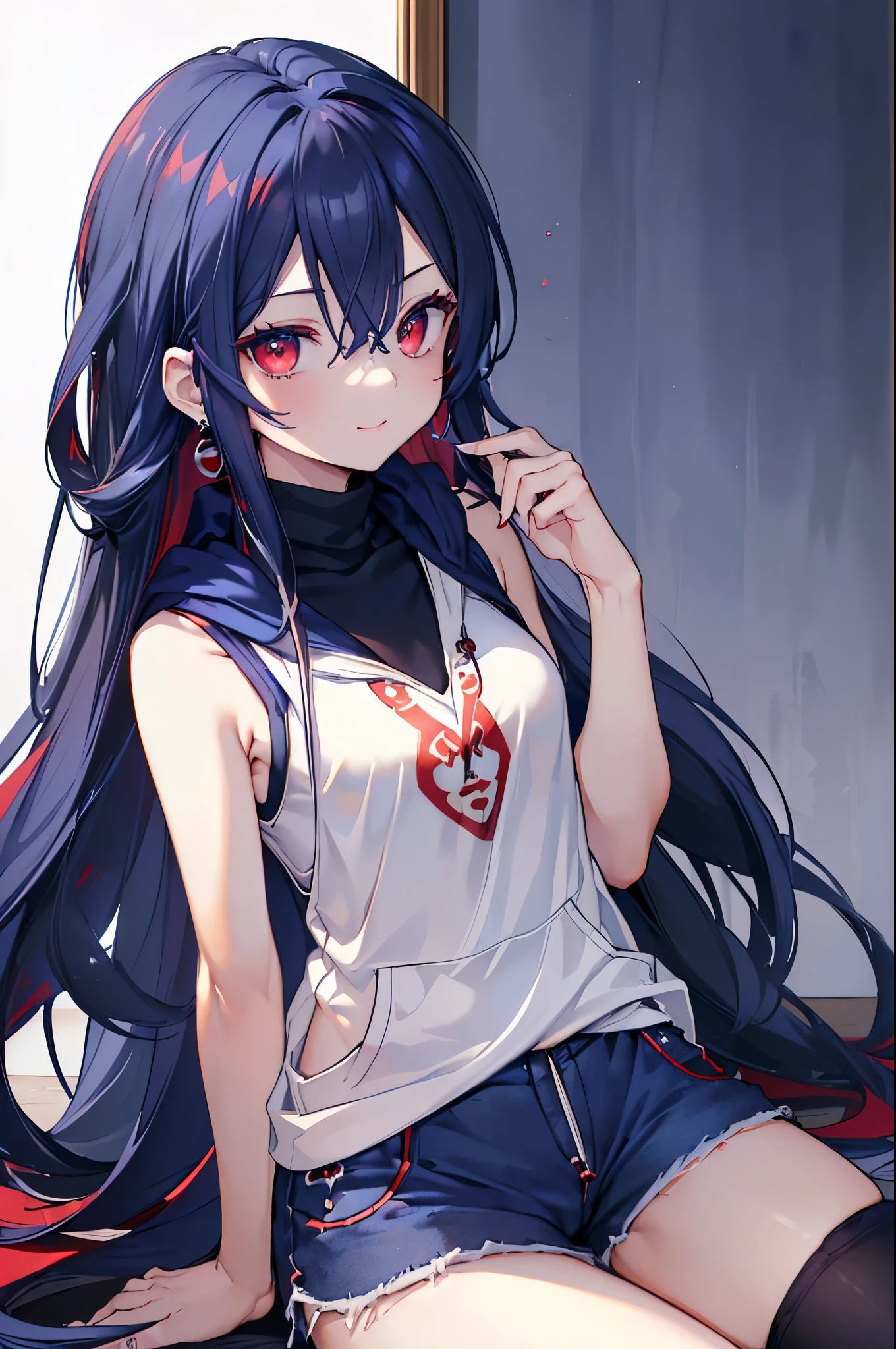 {{masterpiece}}, The best quality of life, 、((long indigo hair、Dark blue hair、Deep blue hair)) 、 Cute female, 、One woman、(((Crimson Eyes、Red eyes、Red　eyes)))、Expressionless adult woman、((White background))、small but well-shaped breasts,、(((Black turtleneck sleeveless、Navy blue shorts、White hoodie)))、smile、Small earrings