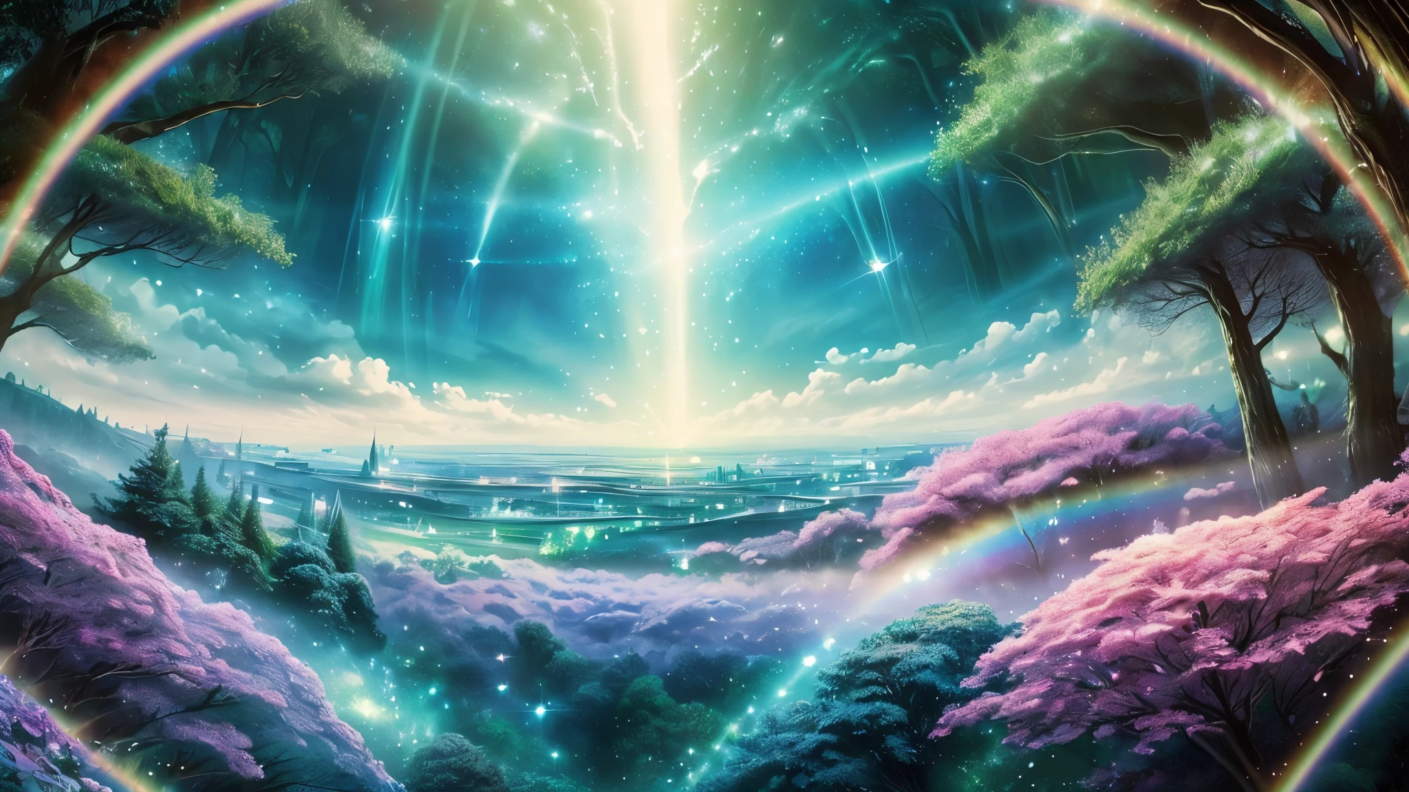 Fantastic scenery, soothing landscapes,
High quality,
Realistic texture, bright.
Sparkling.
Healing art, magnificent, the sky is rainbow-colored.
Photographic quality,
A beautiful end of the world.
Landscape, photography,
Looking up at the sky from the forest,
Lively trees, the view from below, crystal-like sparkle, dazzlingly fantastical.