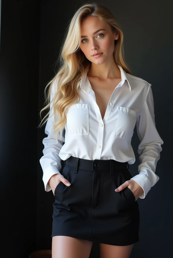 a blonde,blue eyes,18 years old,White shirt,Black skirt,Huge Breasts,Must have E CUP,Good figure,A girl with very fair skin stands on the left side of a black table and takes a photo with a high sense of reality with a black wall in the background.
