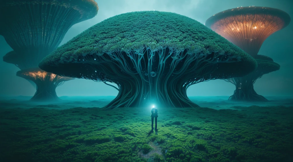 Photorealistic drone photo of a mountain slope covered in dense vegetation with a mist of humidity. In the center of the picture is a man with a faithful dog and a drone explorer. They set foot on a lonely unknown planet, A certain visible and invisible oceans stretched before the eyes of the astronaut, boasting a variety of shades from turquoise to deep blue. Islands, covered with strange and magical trees, shone on the surface of the water, Like little gems. Kodak ektar film, 35mm photography, professional lighting, deep aesthetic, microscopic details, contemporary art, dreamlike surrealism, The scene is epic and mysterious, reminiscent of the X-Files, dreamy, ethereal, ultra-detailed, Strong contrast, Good depth of field, 8K wallpaper, Masterpiece, Aesthetic illustration in realistic style, Dark Clouds almost completely covered the sky, the air is very humid, urgently outside, In the background, huge, incomprehensible but interesting and exciting jellyfish-shaped capsules grow from the ground into the sky, alien structures look like jellyfish in the background,