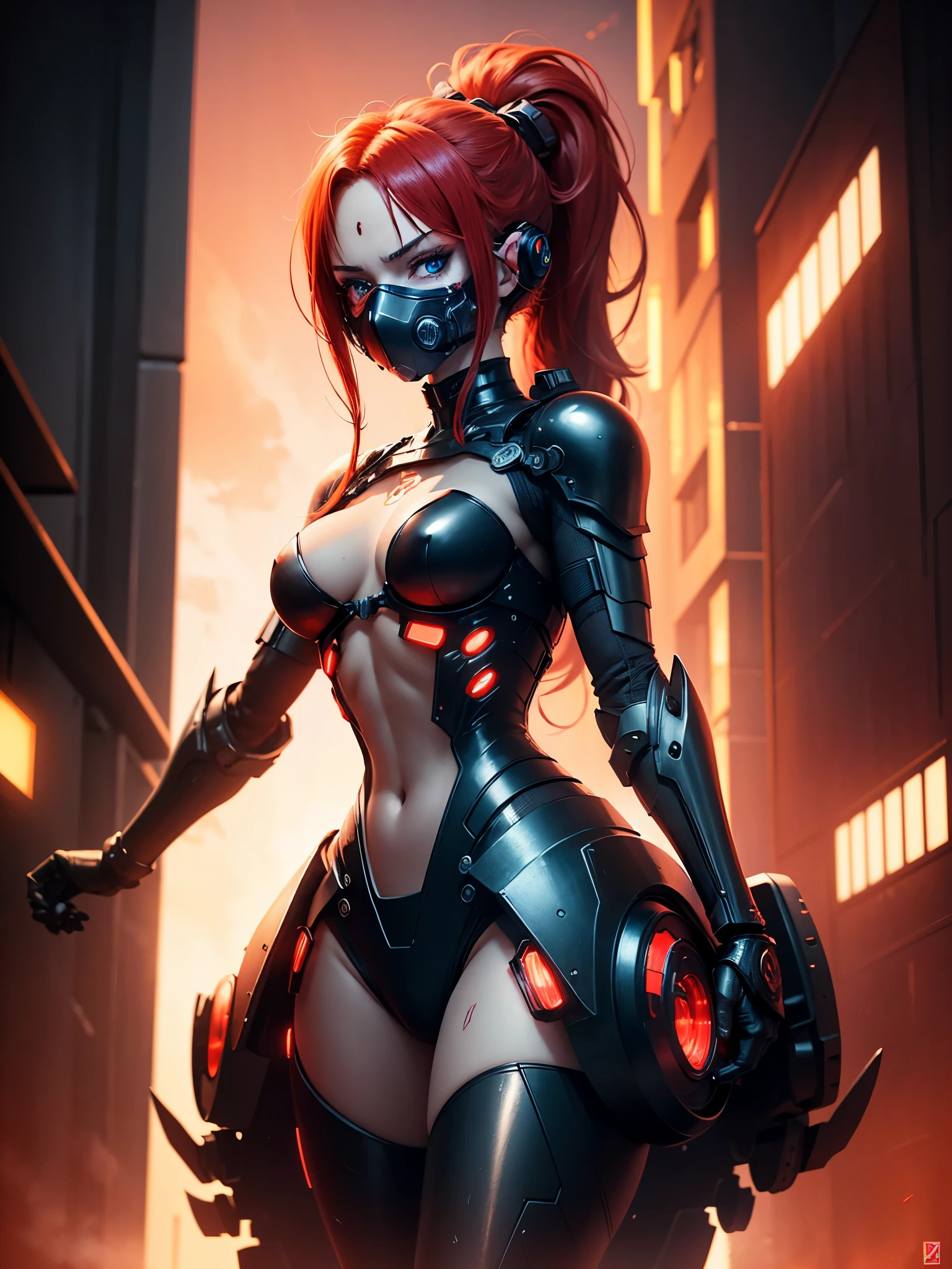 cyborg warrior girl in an attacking pose View from below, angle from below, flat horizon photo, Girl android , she has long red hair, hair tied up in a ponytail, she has a mask on her face, a respirator, a woman with sexy hips, incredibly beautiful blue eyes and a gas mask on her face, half cyborg, technological modifications. Beautiful face, black metal cybernetic android robot body in black color, Large, wide hips, suit with red indicator lines with many red details, cybernetic armor with a red glow from under the joints and joints, she has blue eyes , frame with a flat horizon, Anime Style Photography , Red Lasers, black background Cyberpunk style, the camera films Her from below, lower angle of photography, black background image of a night black city and red neon lights, red lamps, red lighting, red flashes in the background