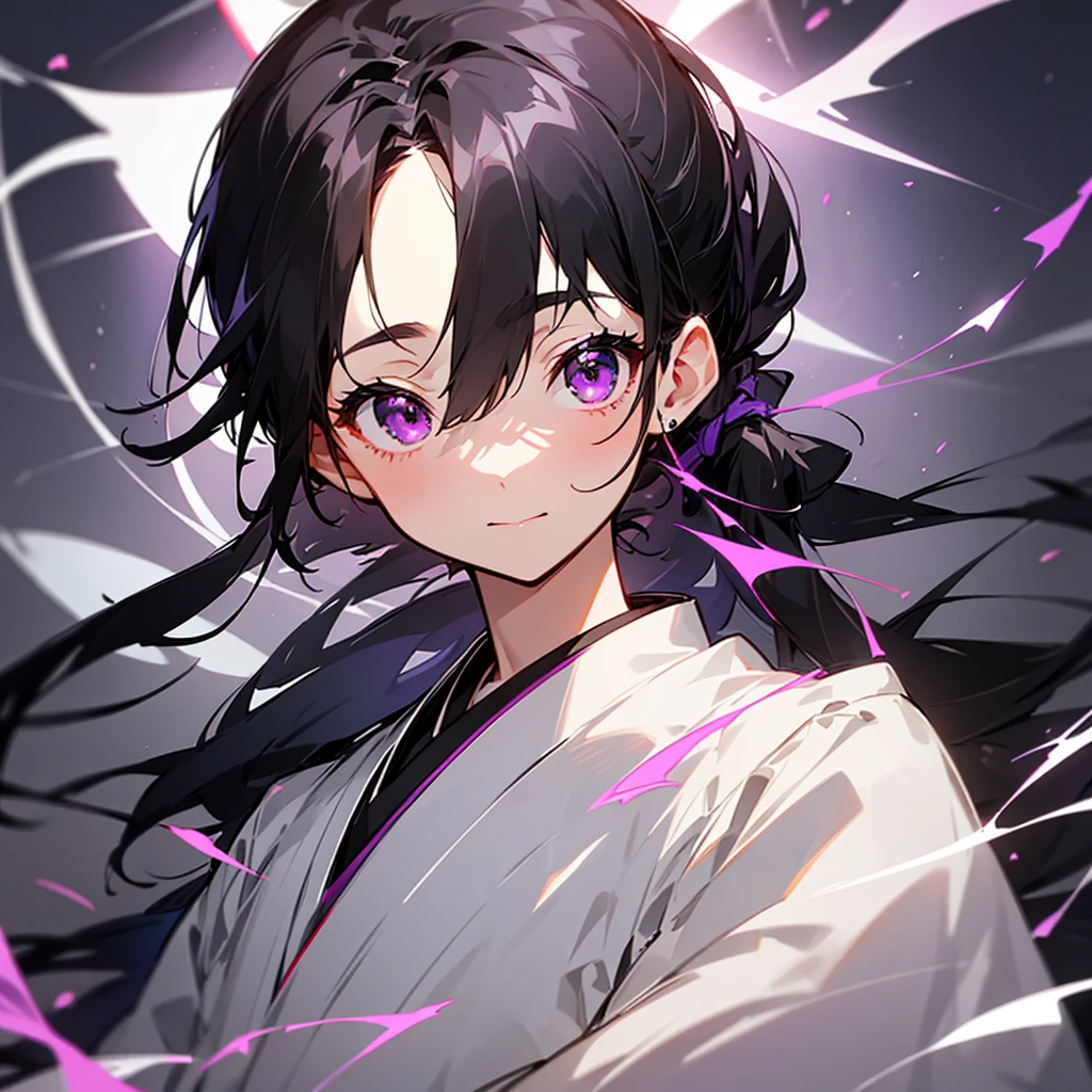 High-resolution model, Highest quality, Black Hair、ponytail, Robe、juvenile、Japanese clothing、Japanese pattern purple eyes, Center Parting、Sparkling eyes, 