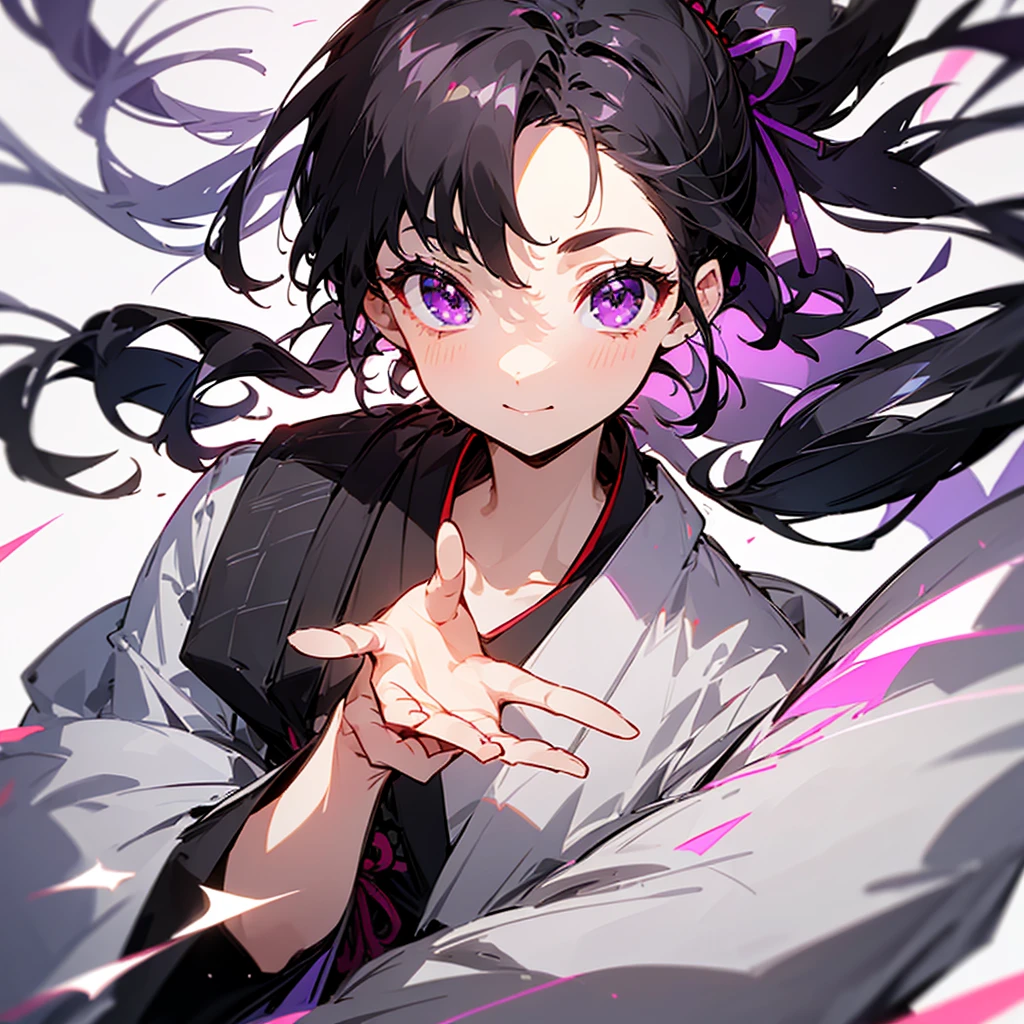 High-resolution model, Highest quality, Black Hair、ponytail, Robe、juvenile、Japanese clothing、Japanese pattern purple eyes, Center Parting、Sparkling eyes, 