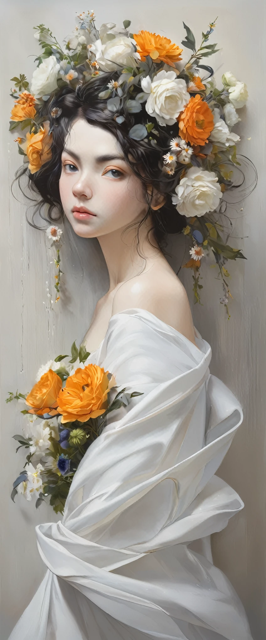 Lady with flowers in her hair is an acrylic painting, Lucy Glendinning&#39;s style, Tony Dietlitz, Organic and naturalistic composition, Flower Explosion,, Light orange and brown, Calm face - ar 3:4 -
