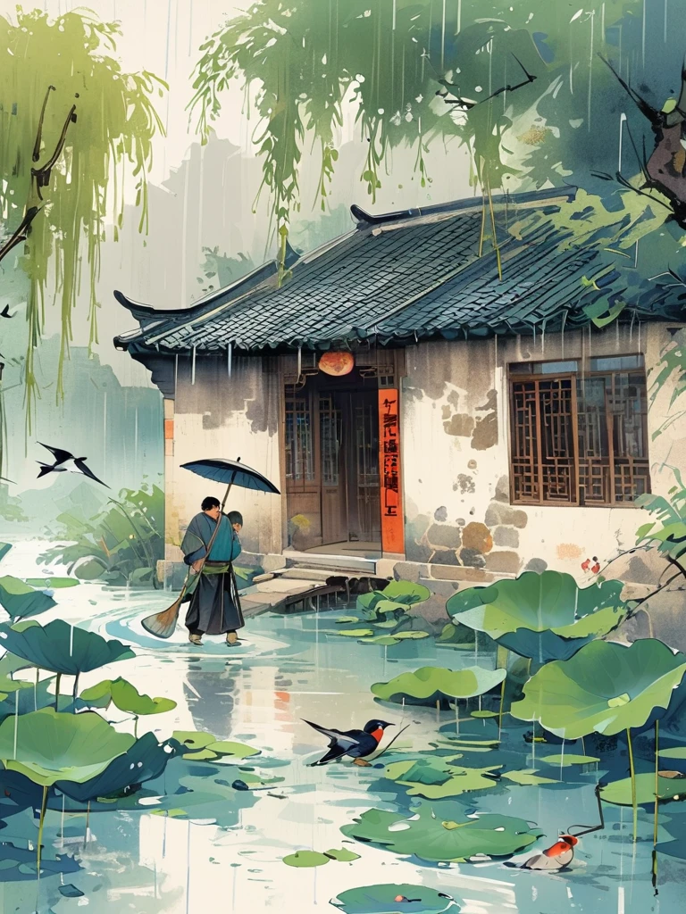 ink style, There is a stream in front of the tile house, two people carrying hoes, willow trees, swallows, rain, frogs on lotus leaves, ink wind