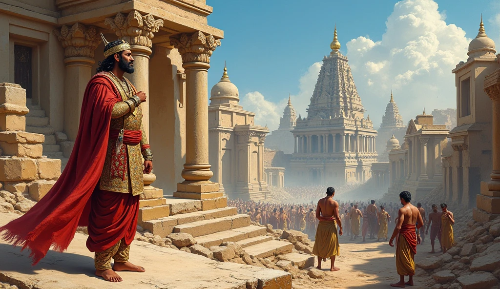 **King Bhimdev I overseeing the reconstruction of Somnath Temple, artisans at work, and the temple rising from ruins