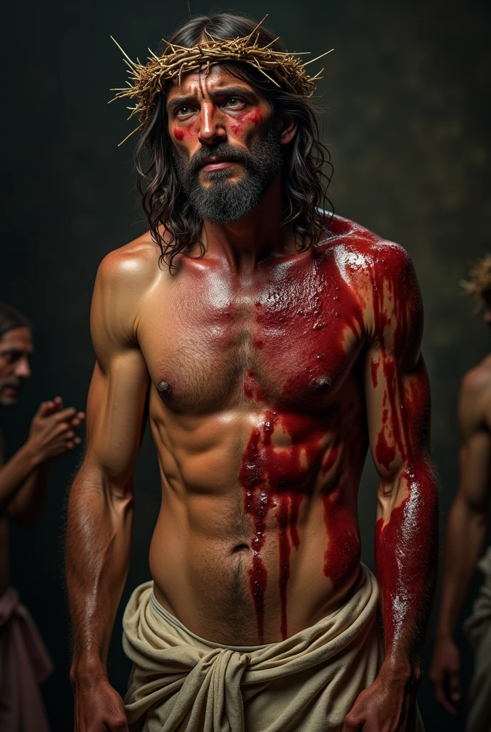 (work of art)(super verbose)(4k supreme image quality)(ultra realisitic)(fot)
"prompt": "A highly realistic and emotionally evocative depiction of Jesus Christ during the Passion, shortly before the crucifixion. He is standing, but with difficulty, after having endured severe scourge. Your body is wounded, with deep and visible wounds from the lashes on his back, arms and legs. Your face is marked by sweat, blood and a deep expression of pain and sadness. Their eyes, although full of agony, convey a feeling of compassion and love. The crown of thorns rests heavily on his head, with thorns piercing your skin, making the blood run down the forehead. The background is dark and gloomy, emphasizing the gravity of the moment. The general atmosphere is one of immense suffering, but also of divine strength and endurance."
}
