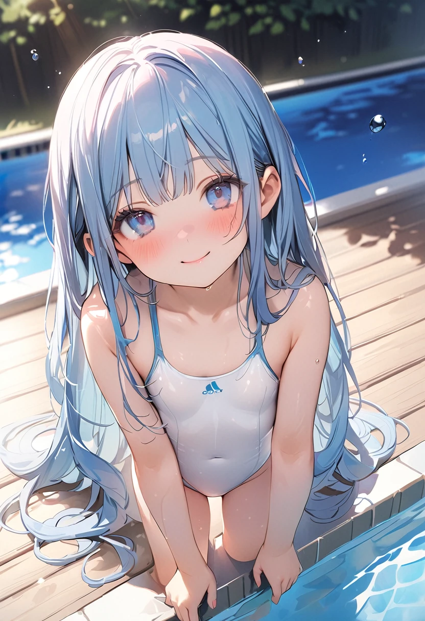 masterpiece, best quality, extremely detailed, (illustration, official art:1.1), 1 girl ,(((( light blue long hair)))), ,(((( light blue long hair)))),light blue hair, , long hair ((blush)) , cute face, big eyes, masterpiece, best quality,(((((a very delicate and beautiful girl))))),Amazing,beautiful detailed eyes,blunt bangs((((little delicate girl)))),tareme(true beautiful:1.2), sense of depth,dynamic angle,,,, affectionate smile, (true beautiful:1.2),,(tiny 1girl model:1.2),)(flat chest),shy,((2D Beautiful Girl、Highest quality:1.1、Perfect Fingers:1.2、Perfect Anatomy:1.2、Perfect outfit、Perfect Face:1.1、Beautiful illustrations))、(Conversion Sequence)、、14 years、Solio、princess、Fractal Art、Baby Face、((Straight Long Hair))、(Slim and beautiful legs)、Big droopy eyes:1.1、(Full body shot:1.1、Long Shot Photography)、((1 person))、School poolside、Embarrassing、blush、standing、、((White competitive swimsuit))、