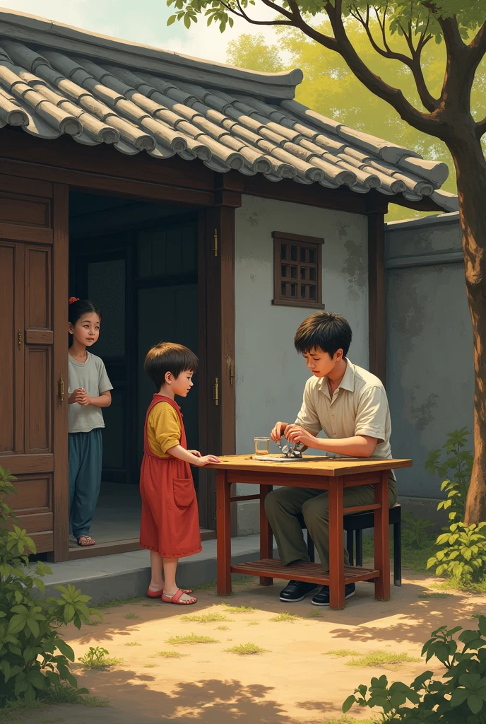 Zhang Fusheng&#39;s first encounter：
In the center of the picture is Zhang Fusheng repairing a table in the yard，The background is his simple home。Mother and daughter standing at the door，Ragged，Timid expression。Use warm tones to highlight Zhang Fusheng&#39;s kind image。