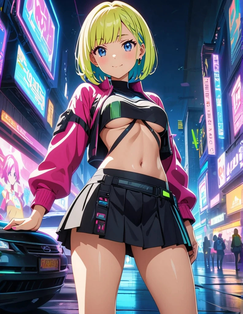 (anime artwork, anime style, studio anime, very detailed, up to date, vibrant, Anime Coloring, high contrast, masterpiece:1.2, best quality, best aesthetics),1 girl,cyber punk clothes, Medium chest, A glimpse of thighs,cyber punk hair, One eye is hidden by the bangs, perfect proportions, high detail skin, Cute, detailed faces, cutout between underboob and shirt,very short pleated miniskirt,makeup, smart phone,