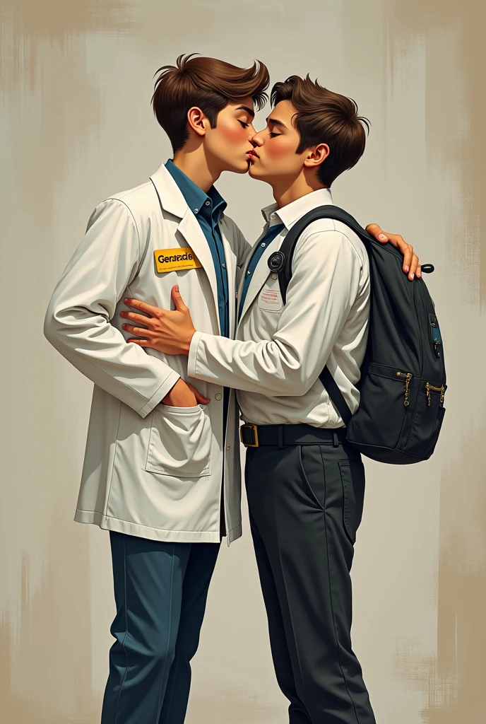 A boy who studies medicine and on his doctor's coat has the name of "Gerard" and another guy who works at Coca-Cola hugging and kissing