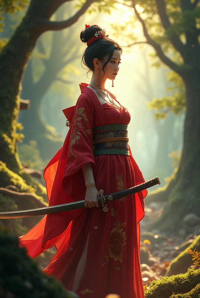 oiran,a realism image of a woman with big breast,a woman in a red kimono dress holding a sword in a forest, by Yang J, chengwei pan on artstation, 2. 5 d cgi anime fantasy artwork, 4k fantasy art, ross tran 8 k, fanart best artstation, alena aenami and artgerm, extremely detailed artgerm, digital fantasy art ), 8k fantasy art