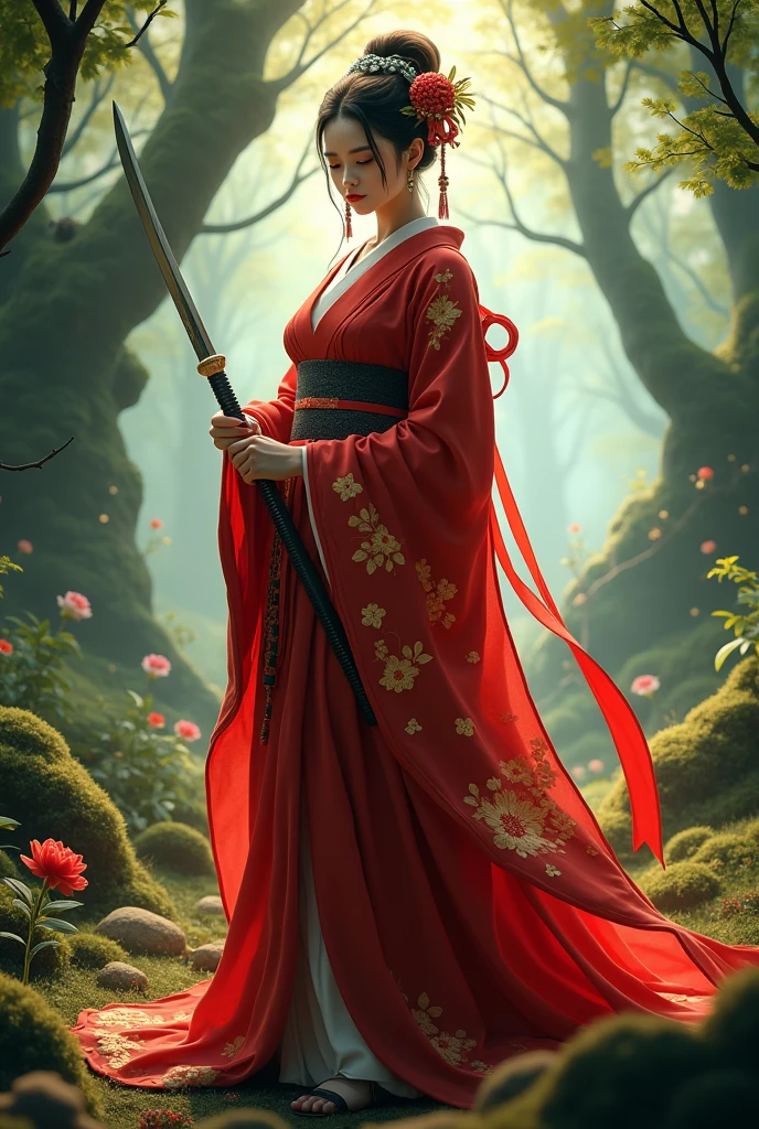 oiran,a realism image of a woman with big breast,a woman in a red kimono dress holding a sword in a forest, by Yang J, chengwei pan on artstation, 2. 5 d cgi anime fantasy artwork, 4k fantasy art, ross tran 8 k, fanart best artstation, alena aenami and artgerm, extremely detailed artgerm, digital fantasy art ), 8k fantasy art