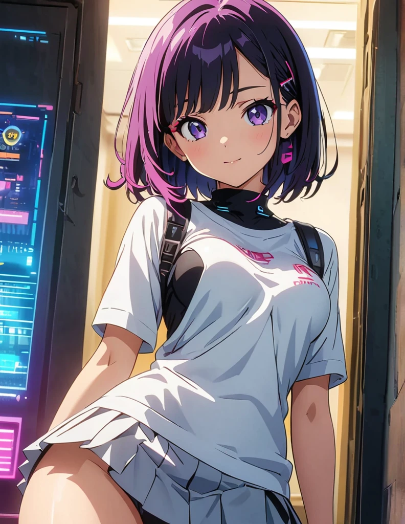 (anime artwork, anime style, studio anime, very detailed, up to date, vibrant, Anime Coloring, high contrast, masterpiece:1.2, best quality, best aesthetics),1 girl,cyber punk clothes, Medium chest, A glimpse of thighs,cyber punk hair, One eye is hidden by the bangs, perfect proportions, high detail skin, Cute, detailed faces, cutout between underboob and shirt,very short pleated miniskirt,makeup, smart phone,