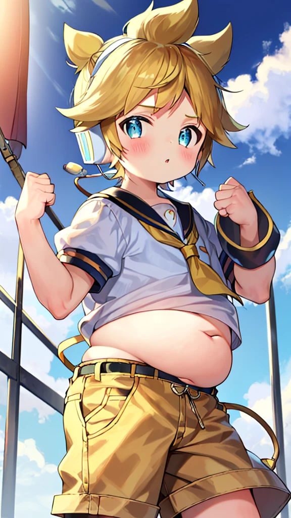  boy, Kagamine Len, facing the viewer, plump, belly exposed, ((over small sailor uniform)), short sleeves, chubby body, short pants, earphones, tie, full blushed, parted lips, fume, cheek bulge, , holding his hand into fist, showing his emotions