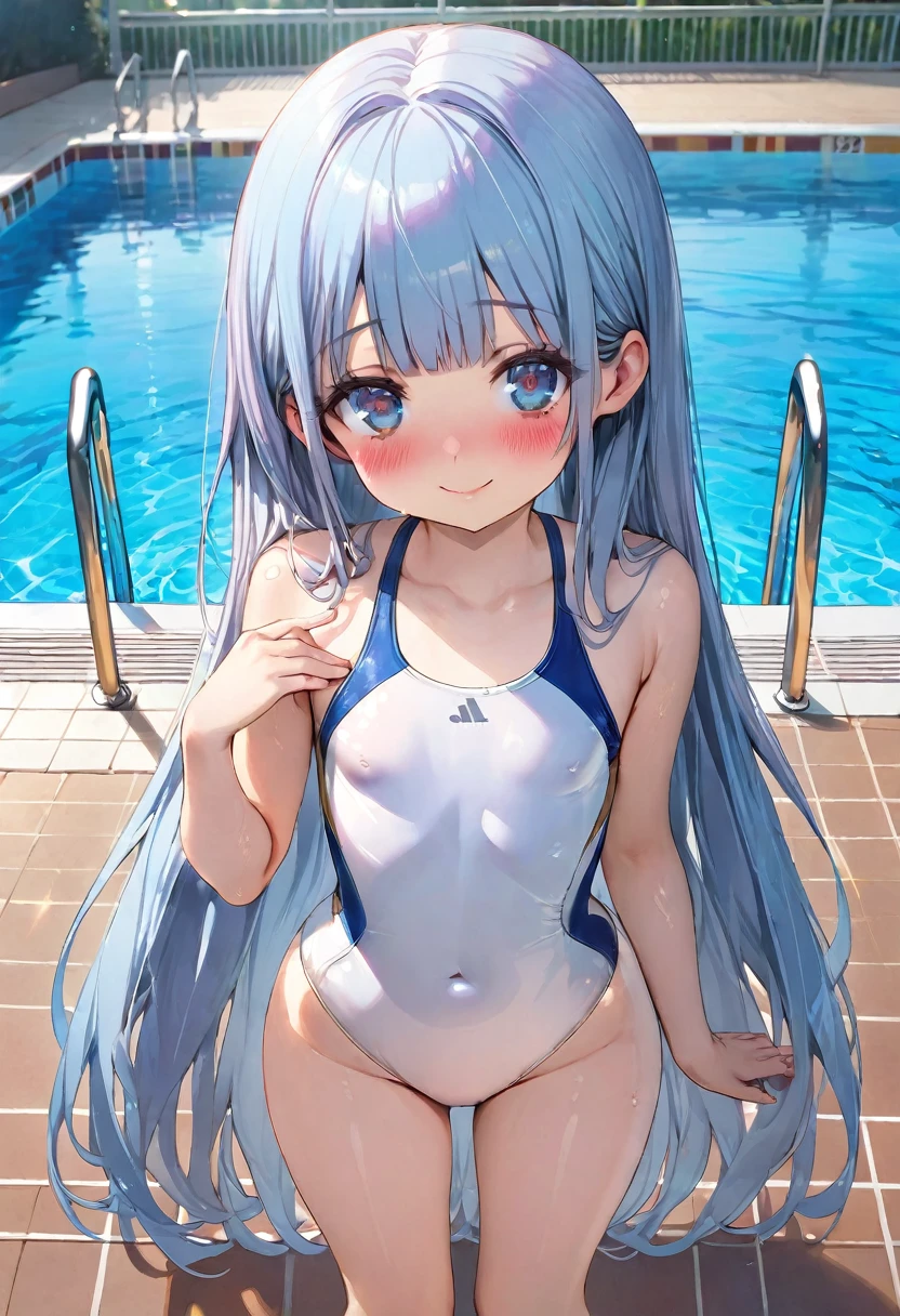 masterpiece, best quality, extremely detailed, (illustration, official art:1.1), 1 girl ,(((( light blue long hair)))), ,(((( light blue long hair)))),light blue hair, , long hair ((blush)) , cute face, big eyes, masterpiece, best quality,(((((a very delicate and beautiful girl))))),Amazing,beautiful detailed eyes,blunt bangs((((little delicate girl)))),tareme(true beautiful:1.2), sense of depth,dynamic angle,,,, affectionate smile, (true beautiful:1.2),,(tiny 1girl model:1.2),)(flat chest),shy,((2D Beautiful Girl、Highest quality:1.1、Perfect Fingers:1.2、Perfect Anatomy:1.2、Perfect outfit、Perfect Face:1.1、Beautiful illustrations))、(Conversion Sequence)、、14 years、Solio、princess、Fractal Art、Baby Face、((Straight Long Hair))、(Slim and beautiful legs)、Big droopy eyes:1.1、(Full body shot:1.1、Long Shot Photography)、((1 person))、School poolside、Embarrassing、blush、standing、、((White competitive swimsuit))、