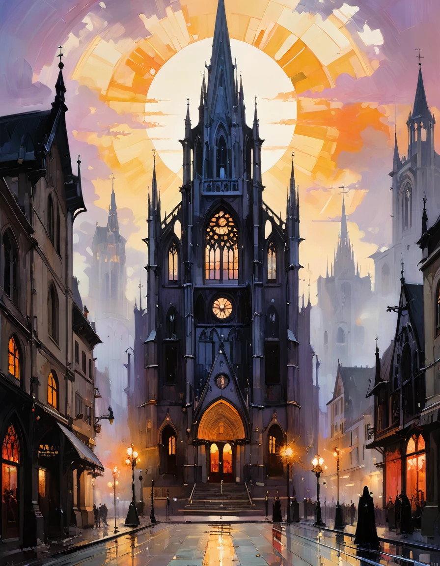 Impressionist painting of a Gothic church in the middle of a Gothic Art Deco city. Sunrise.