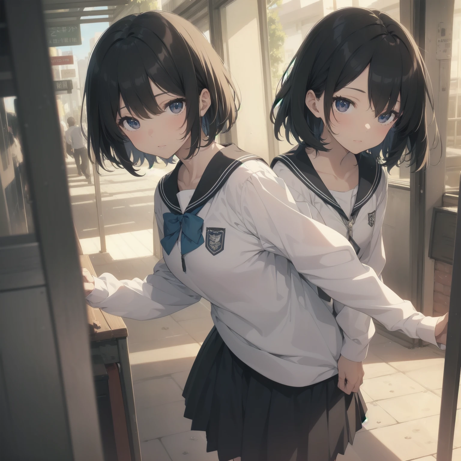 ultra-absurdres-Top quality by artist God, ultra-detailed, high resolution, anime moe artstyle, best anime 8k konachan wallpaper, pixiv contest winner, pool:2810, perfect anatomy,break, 1girl, (Please draw a girl walking sleepily to school alone. )break,(Solo,little female, 13-year-old:1.3),Full limbs, complete fingers,a junior high school student, (very short hair), short cut, flat chest, , small butt, small black eyes, beautiful detailed eyes, well-proportioned iris and pupils, expressive eyes, highres detailed hair, soft expression, salor school_uniform, sailor collar, serahuku, bow, pleated skirt,(Detailed Lighting), (Detailed background), in the School commute route. break,super detailed skin, Best cinematic lighting powered by famous artist, 8k,beauty illustration,photoshop_(medium),very aesthetic,break,((artist:yuureidoushi_(yuurei6214) )), artist:clamp ,artist:carnelian ,artist:kantoku ,