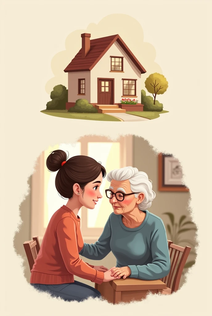 Generate me a logo of home ad a pic of a girl helping an a old woman in the home logo for elderly care
