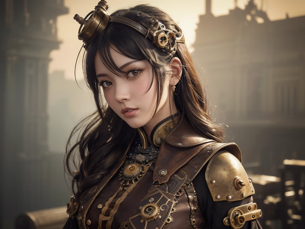 8K raw photos、hight resolution、Sexy 21 year old cool Korean in alafile posing with corset and garter in photo, steampunk beautiful anime woman, a steampunk beautiful goddess, like lady mechanika, wearing steampunk attire, in a steampunk world,Vivid steampunk concept, ( Steampunk ), ornate cosplay, Steampunk Girl, Steampunk, in a steampunk world, Steampunk style, steampunk aesthetic, steampunk fantasy style, steampunc, Steampunk style, Beautiful eyes for every detail of cosplay、long eyeslashes、Beautiful double eyelids、eyeshadows、Slender eyes、Sanpaku eyes、Dark Eye Makeup、evil smile、Beautiful and thin legs、Short hair tied at the back、耳环、