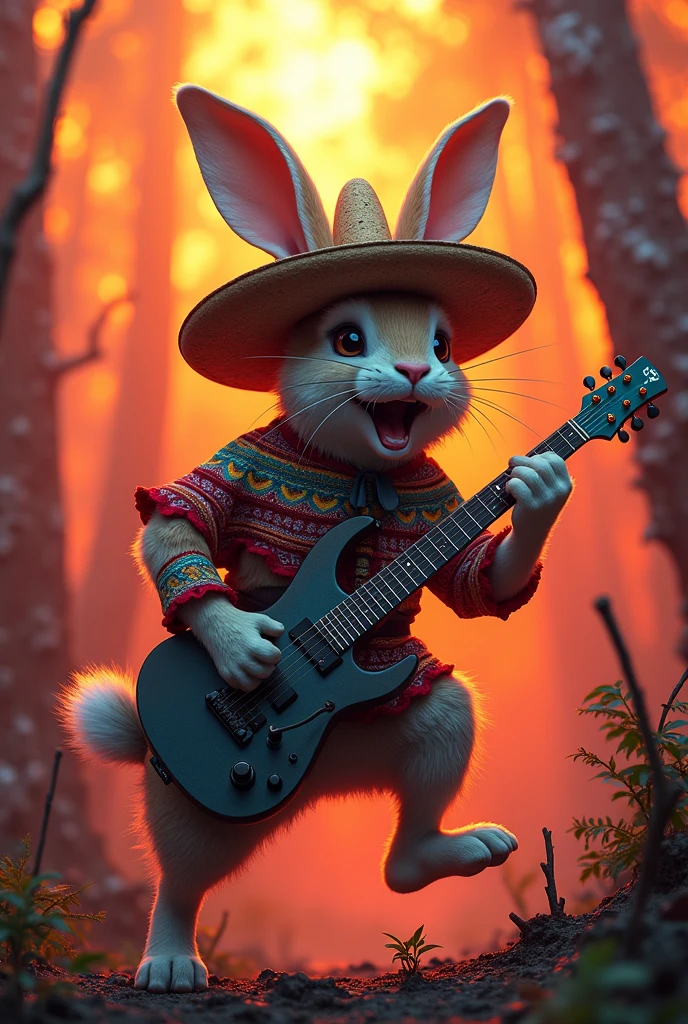 Create a super-pumped rabbit in Mexican clothes playing rock on a double-necked guitar in the middle of the Amazon rainforest during acid rain that corroded all the leaves of the vegetation and petrified their stems, leaving the sky in an orange and red tone..