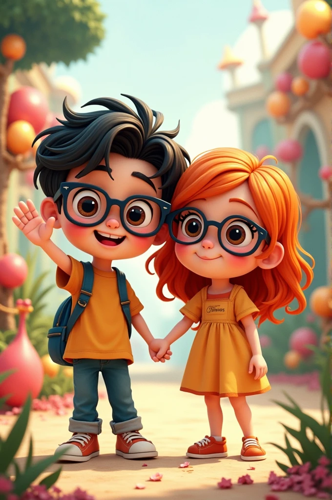 Create a pixar style image of: a boy with black glasses, waving hair, short and black, dark brown eyes, black eyebrows y gruesas y labios rosados y gruesos, and a girl with orange hair, black and square glasses, black eyebrows, brown eyes and pink lips, both white-skinned