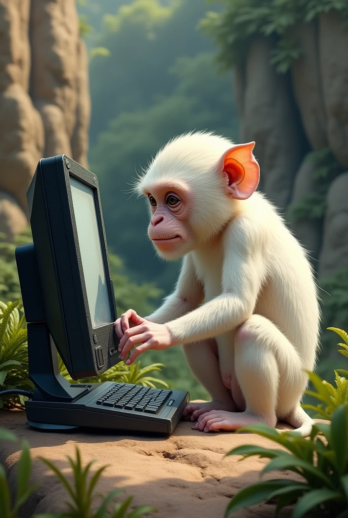 An albino monkey playing on a computer, in a prehistoric environment 