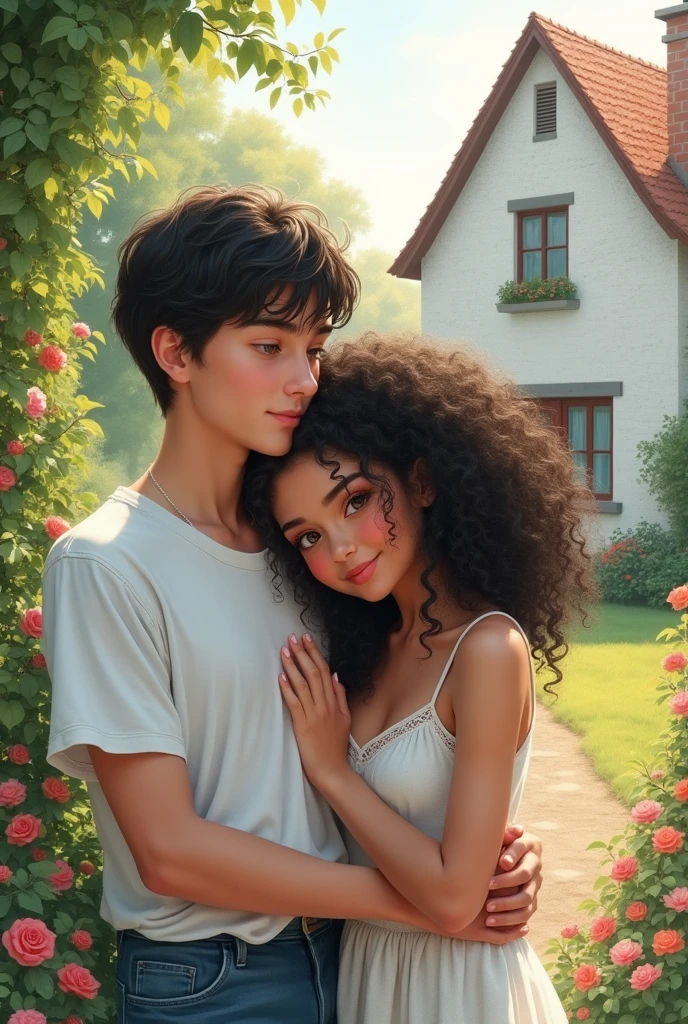 A couple centered in a garden in which, in the background there is a white house with bricks. They are agers and the boy is smoking, He has black hair that is extremely straight but wavy only at the ends., It is white and impeccably flawless, the girl is resting her head on his shoulder and she is brown with perfect beauty and curly hair. The image has to be in a watercolor effect