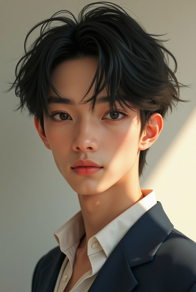 Create me an image of a Japanese and Indian son, 18 years old, with straightened hair, male