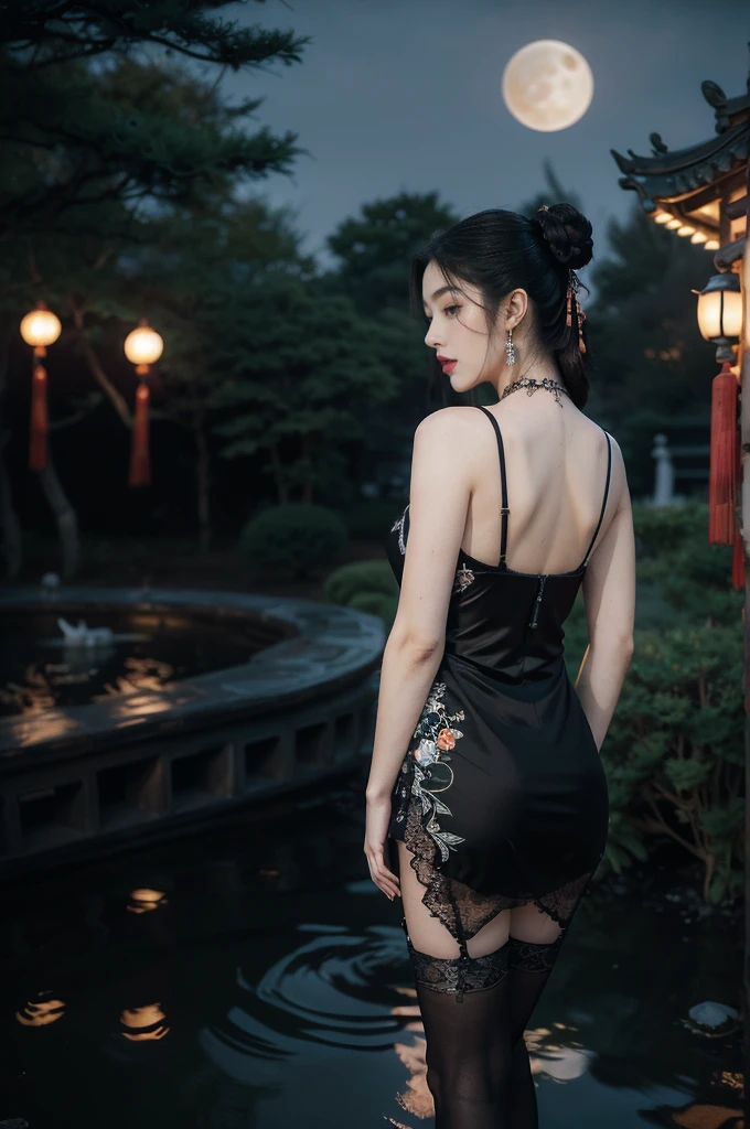 (((best quality))),(((ultra detailed))),(((masterpiece))),illustration,((1 beautiful girl,solo)),(bun hair:1.2),(Ghostly makeup:1.3),(fair skin:1.5),(red lips:1.2),((earrings,necklace)),((slim,thin)),((bare back,towering hips,butt crack)),(black floral embroidered lace bellyband:1.5),(thigh loop:1.3),(stockings:1.3),(standing:1.3),(A huge moon in the sky:1.3),(moonlit Chinese garden courtyard:1.3),(Ghost Festival:1.3),(Ghostly flames are drifting in the air:1.3),elegant and sophisticated,intricate patterns,curves,dark color,striking visual appeal,ethereal,enchanting,ghostly black blossoms,swaying branches,stone pathways,moss,eerie shadows,ancient pavilion,intricate wooden structure,mystery and intrigue,cicadas chirping,auditory symphony,embodiment of the festival's spirit,bathed in the moon's glow,delicate features,raven-black hair,waterfall of darkness,moon's luminance,captivating allure,sleek fabric,clung to frame,accentuating curves,highlighting beauty,striking appearance,ethereal beauty,hauntingly beautiful scene,captured essence,blend of beauty and mystery,(night scene:1.3),((from back,upper body))